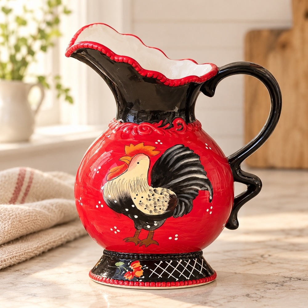 Red Rooster Ceramic Pitcher Hand Painted Farmhouse Decor CJ71162B